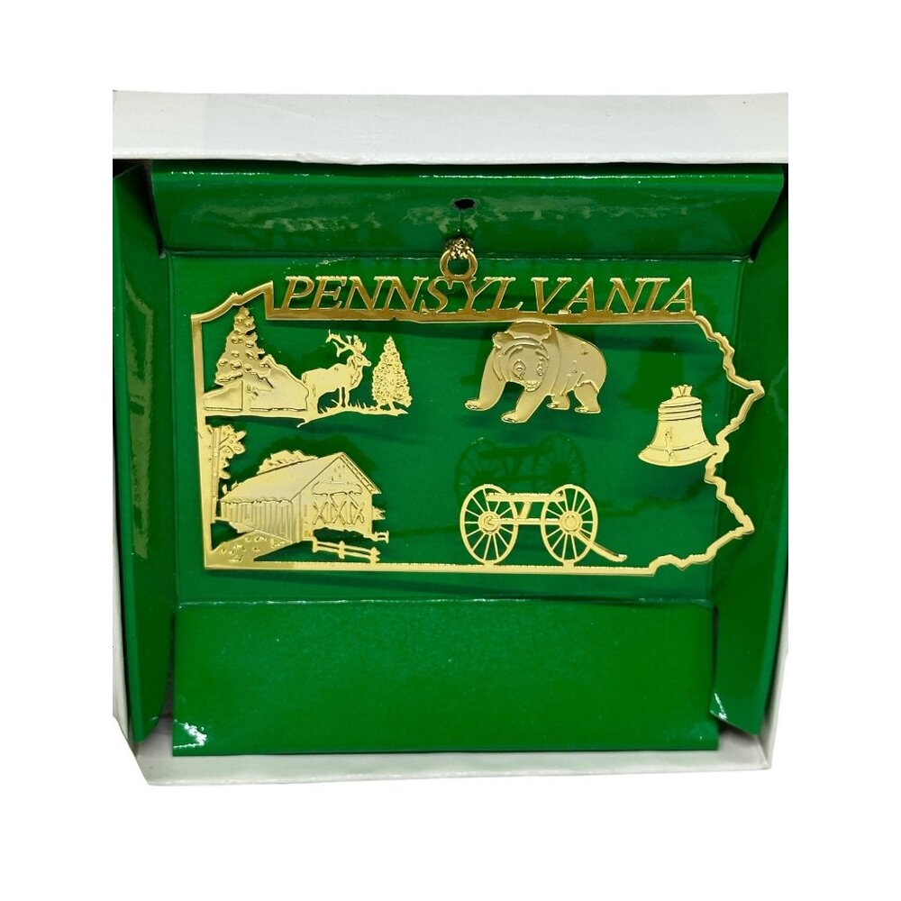 VTG Pennsylvania‎ State Gold Metal Souvenir Ornament Liberty Bell Bear Boxed 3x2